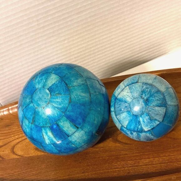 Nautical Beach Coastal Inlaid Blue Mosaic Decorative Orbs Home Decor  Set of 2 - Picture 3 of 7